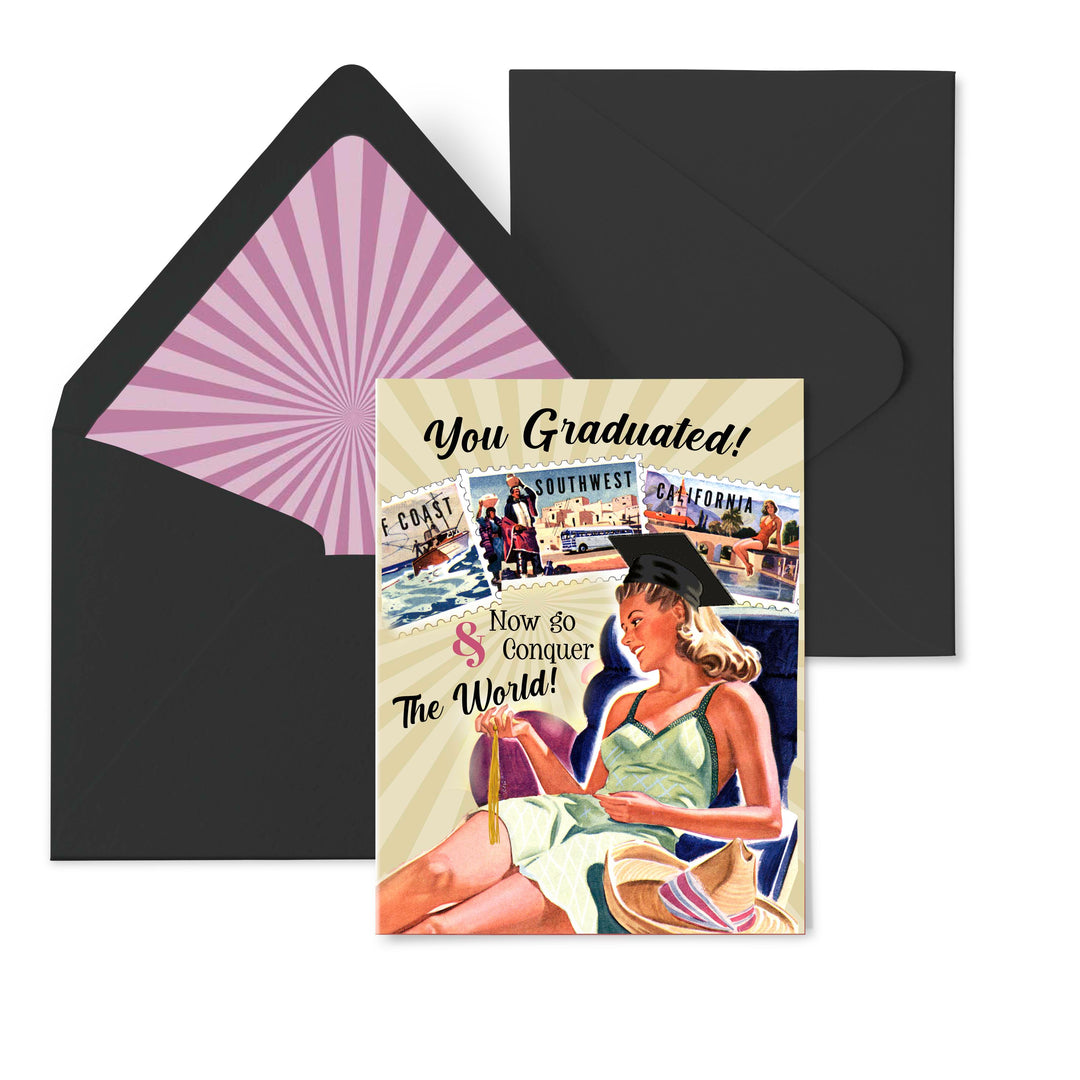 grad card inspo Graduate Go Conquer The World Retro Graduation Card – Mod Lounge Paper Company