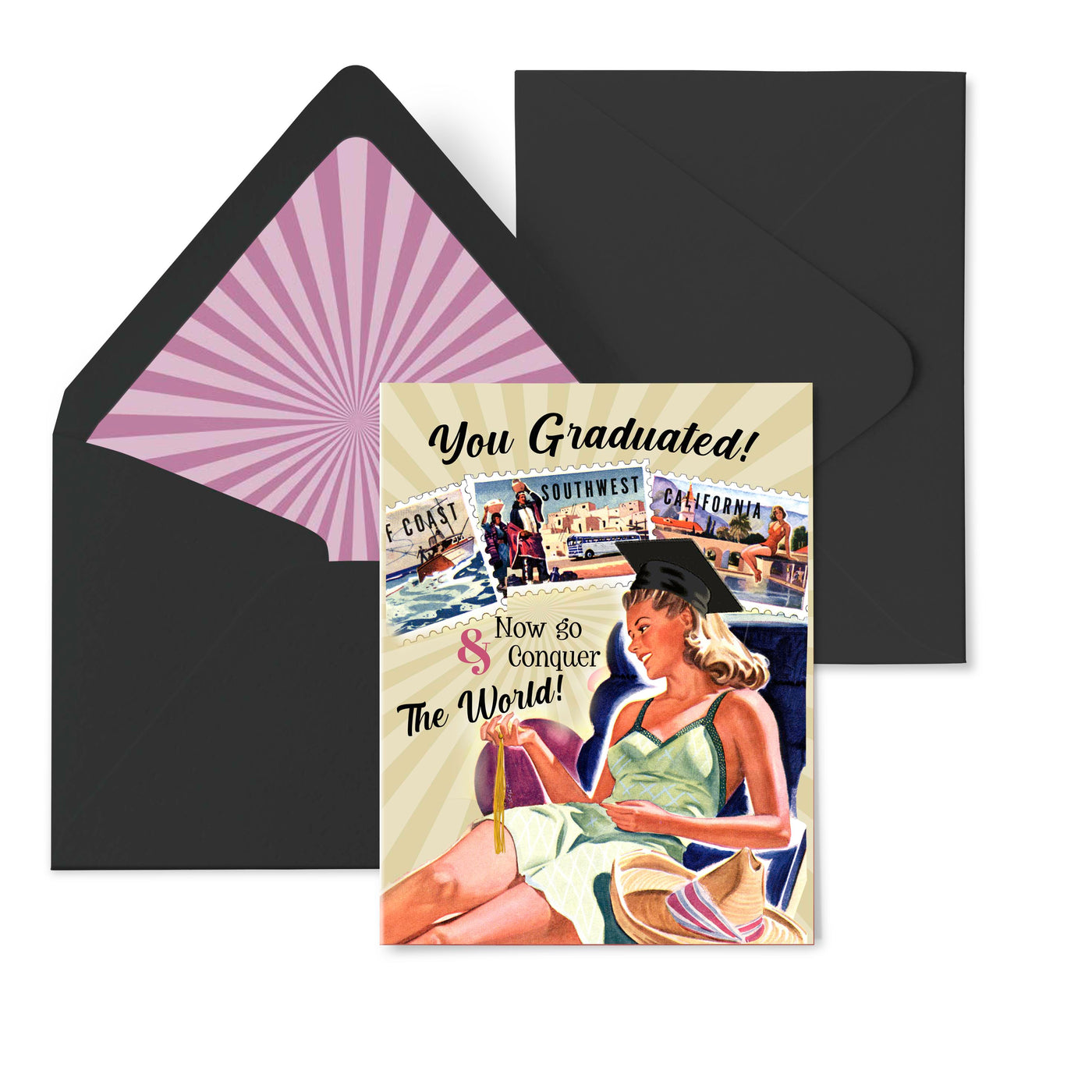 grad go conquer the world vintage graduation greeting card with purple starburst envelope liner 