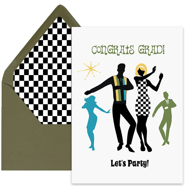 Groovy mod dancer vintage graduation card with checker envelope liner