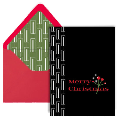 This mid century modern inspired mistletoe greeting card is perfect for the holiday season. Its sleek design adds a touch of sophistication to your festive greetings. The inside is blank, leaving plenty of room for a heartfelt message. Spread some holiday cheer with this delightful card.