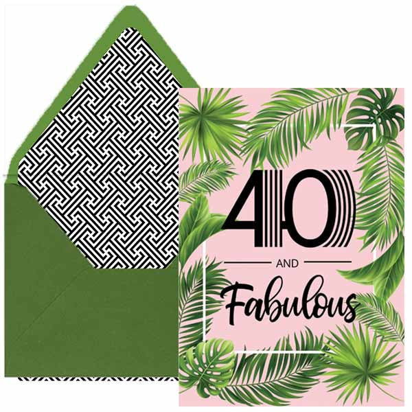 pink palm springs inspired 40 and Fabulous Palm Birthday Card with envelope liner by Mod LoungePaperCompany