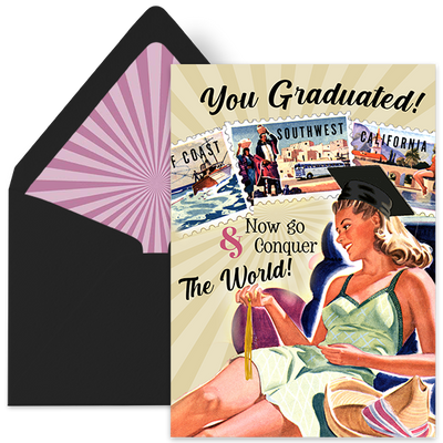 grad go conquer the world vintage graduation greeting card with purple starburst envelope liner 