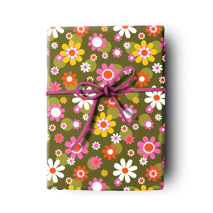 retro flower gift wrap Pink yellow orange white green wrapping paper craft sheets