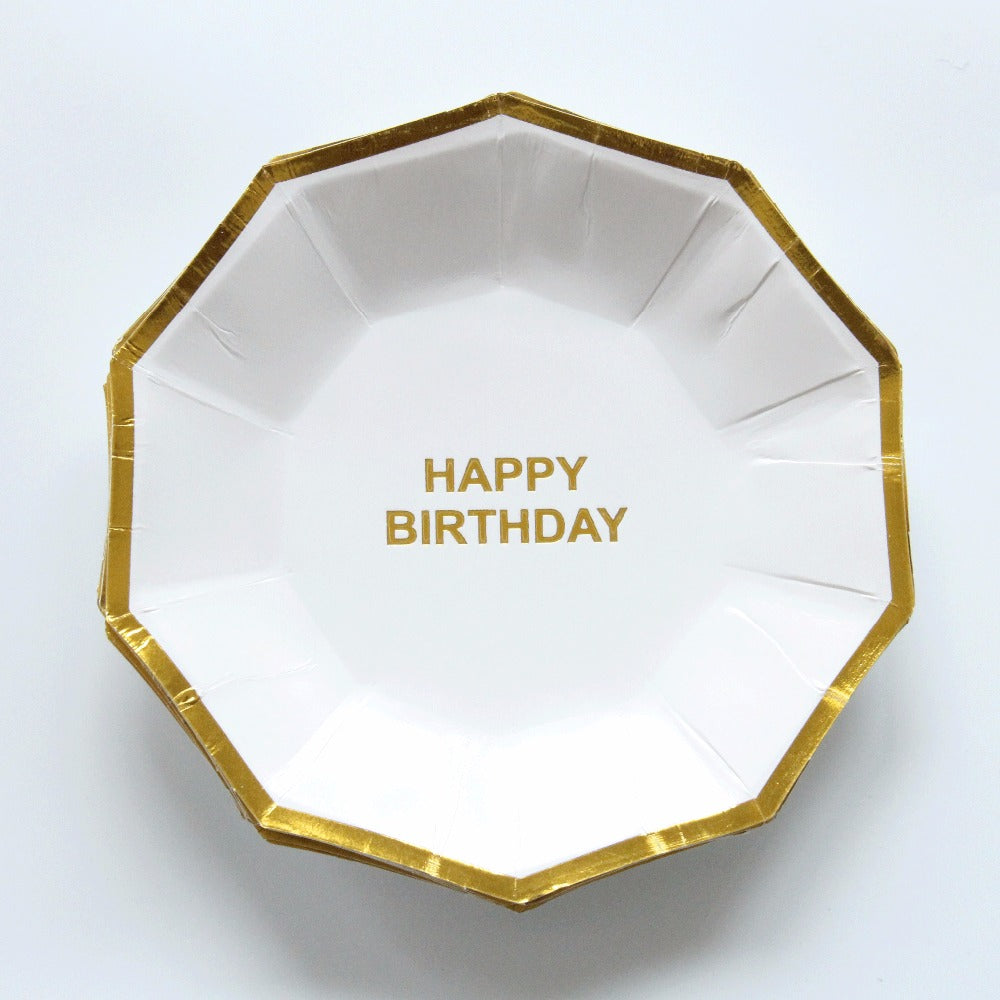 happy birthday octagon white plate with gold foil