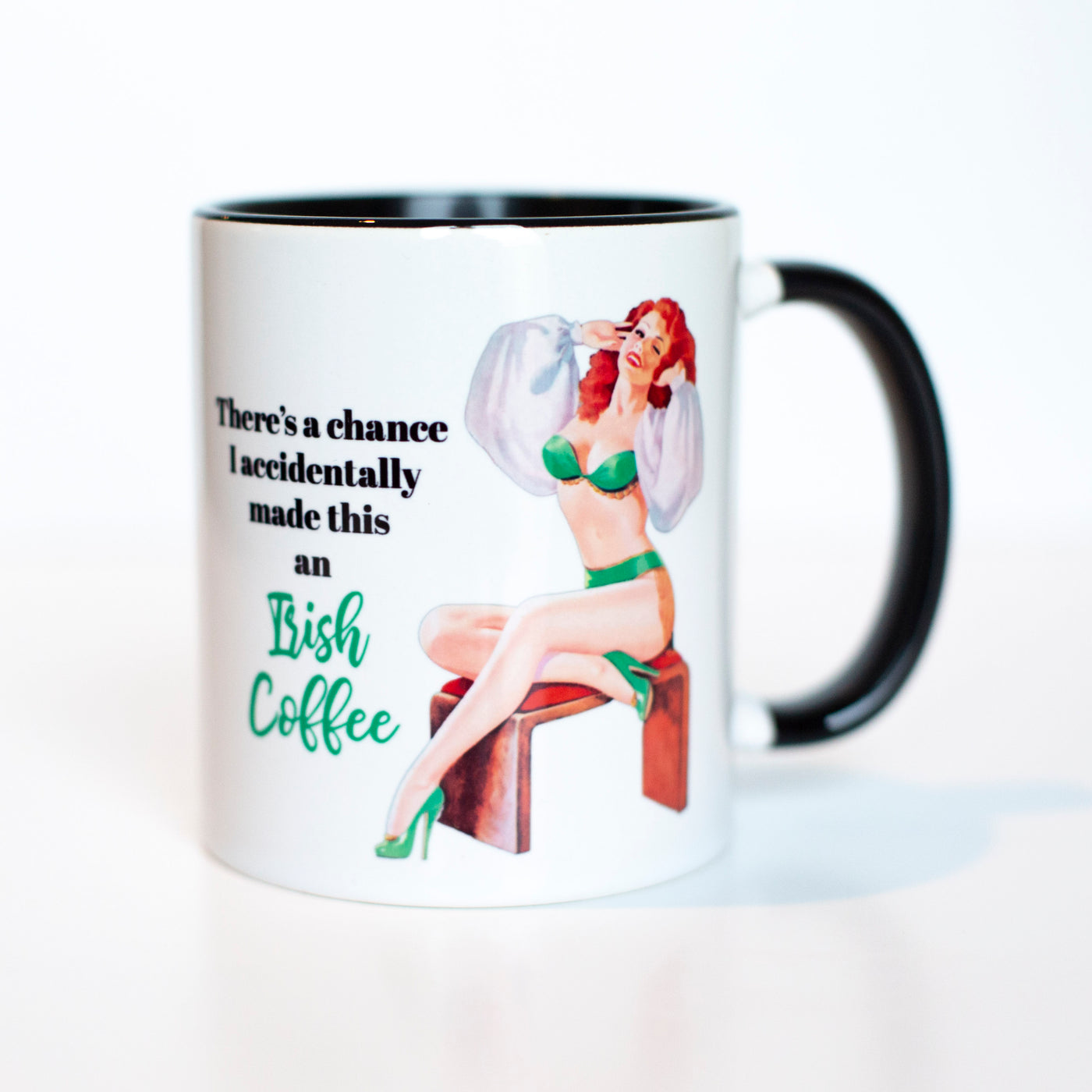 vintage pinup "theres a chance this is irish coffee" funny two tone coffee mug great for st patricks day, co-worker gift, girl gift or spring birthday presents