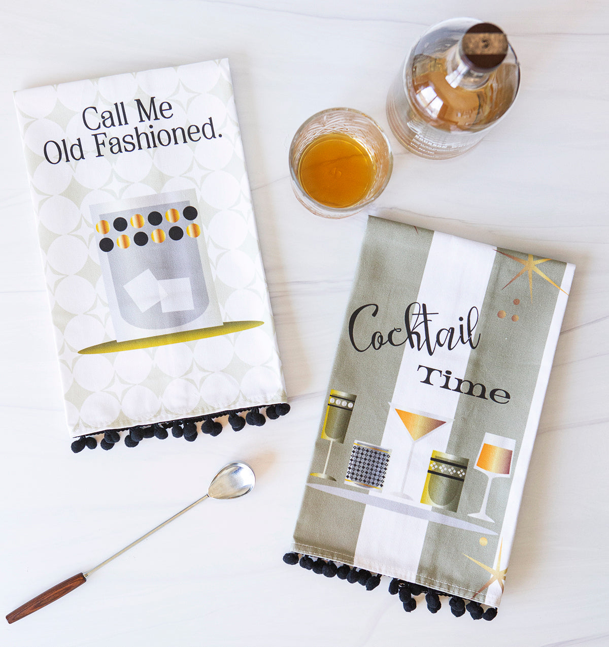 vintage cocktail time and call me old fashioned bar tea towel with chenille trim
