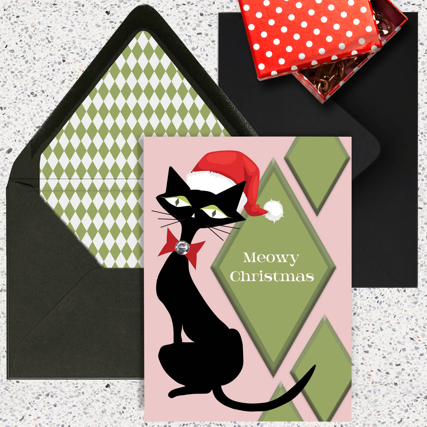 Meowy Retro Black Cat Christmas Holiday Greeting Card