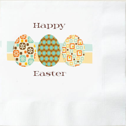 3 mid century modern easter eggs printed on a 3ply cocktail beverage napkin