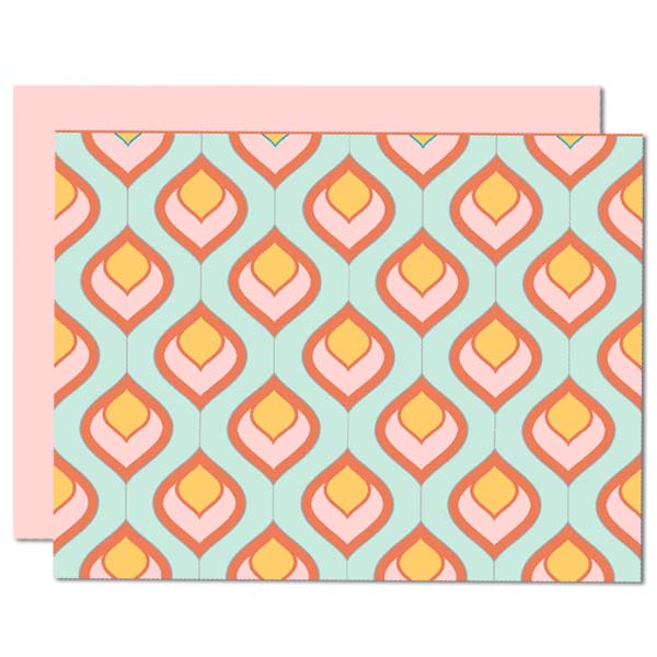 Look no further for a perfect blend of mid century modern and eye-catching color! Our Mod Flame Notecard features retro aqua and coral color palette to make writing notes a joy. Each card comes with its own envelope - ready for sending! Make your mark with this stylish, unique stationery.