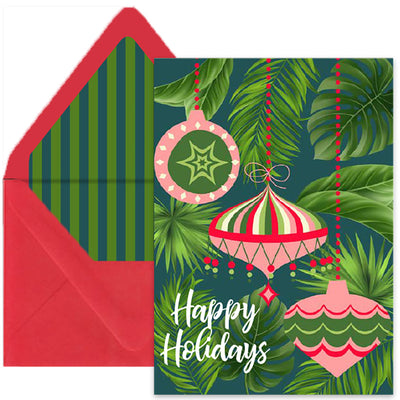 Retro Ornament and Palm Tree Holiday Greeting Card