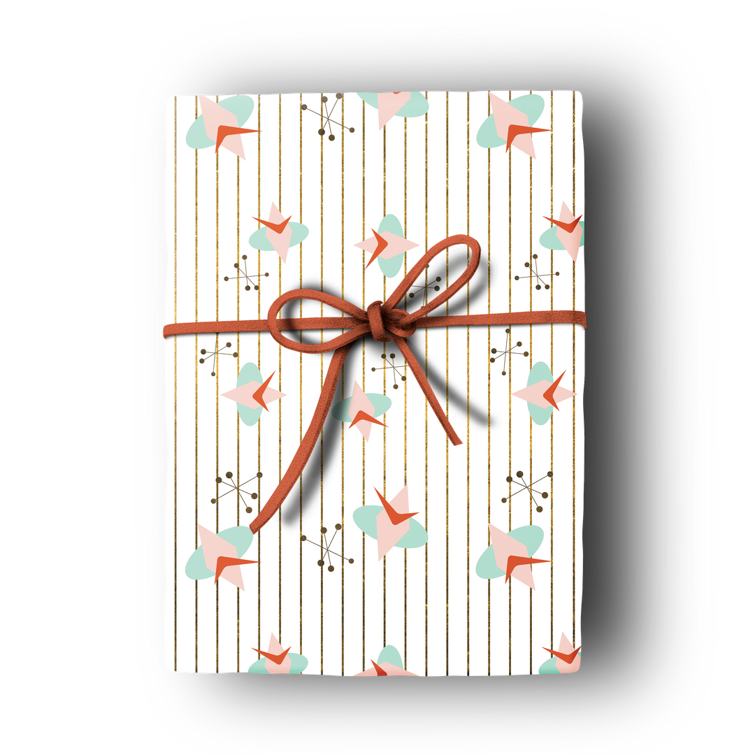 atomic cosmic stripe retro gift wrap festive white blue pink red mid century modern