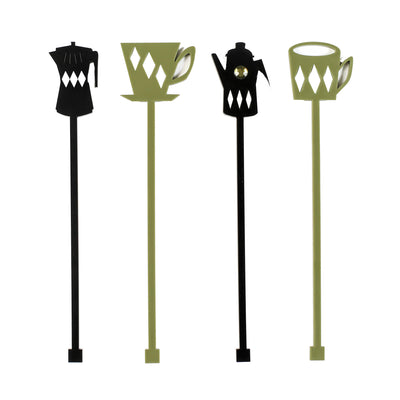 set of four retro coffee green drink stirrer swizzle stick, acrylic beverage stir stick coffee lover gift