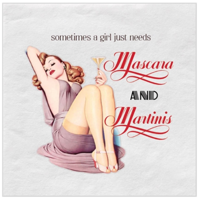 mascara and martini pinup girl red foil cocktail beverage napkin for girls night out, birthdays and bachelorettes