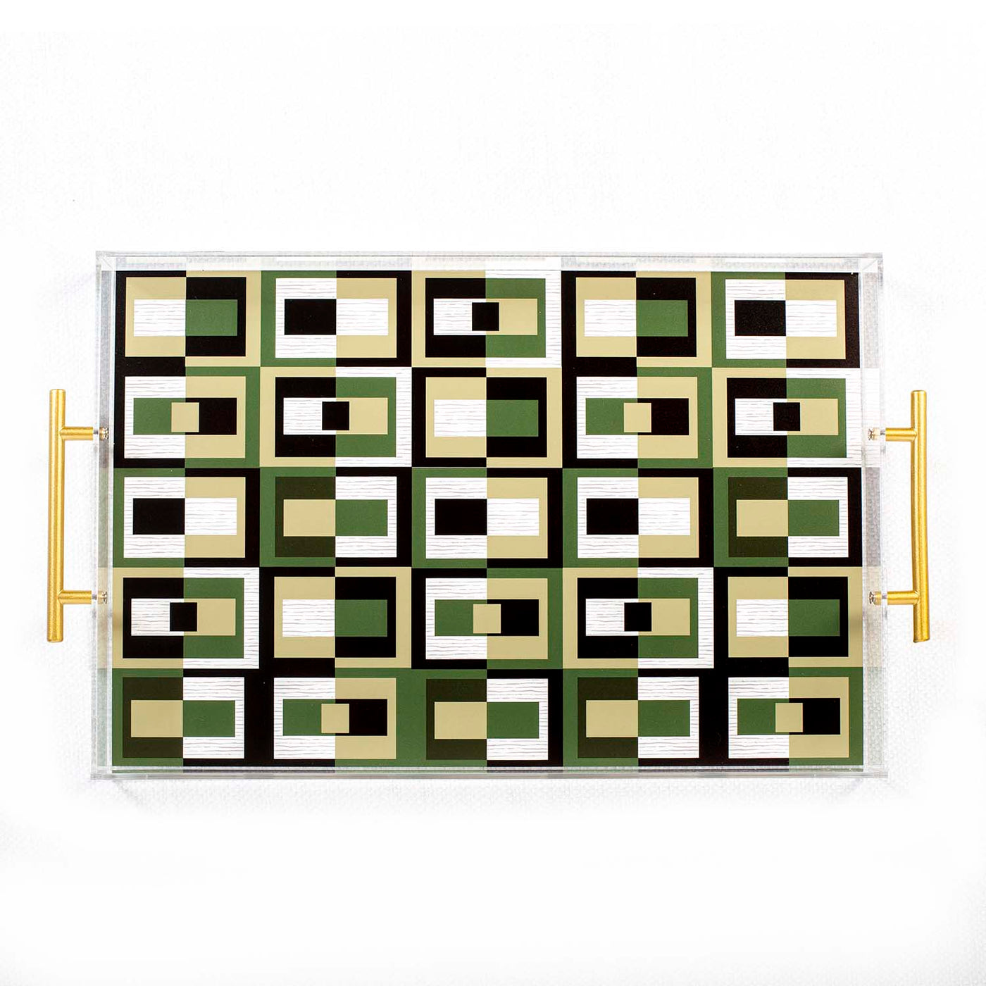 Mid century Modern Green Squares Acrylic Serving Tray with Handles