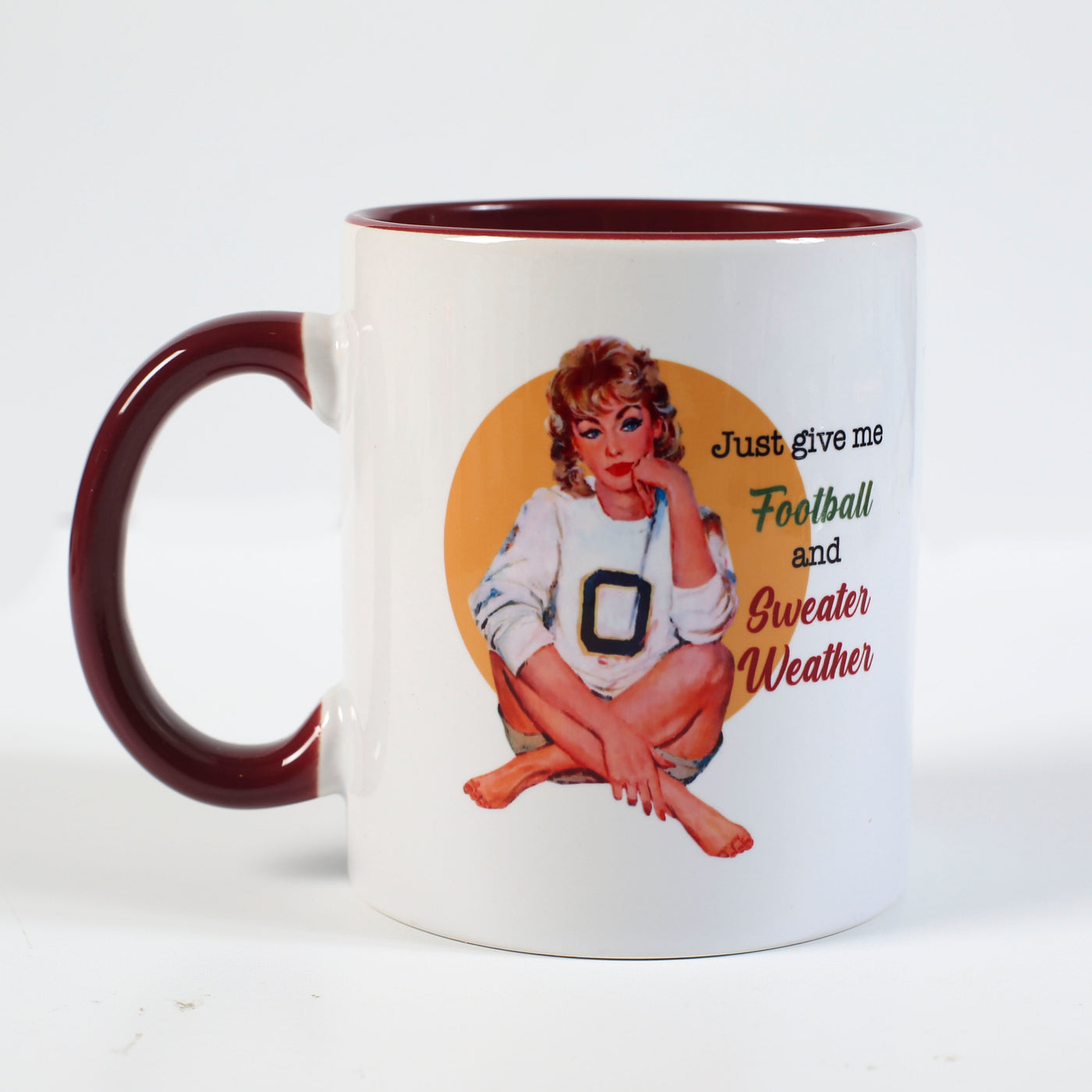 Give me football and sweater weather fall vintage pinup ceramic coffee or cocoa mug mod lounge paper company