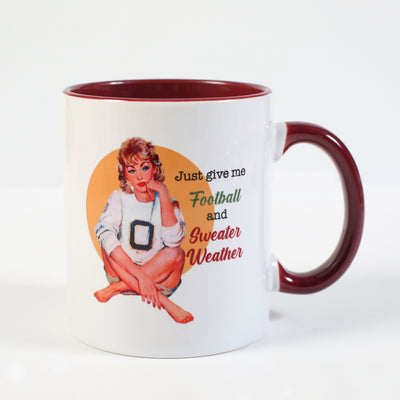 Give me football and sweater weather fall vintage pinup ceramic coffee or cocoa mug