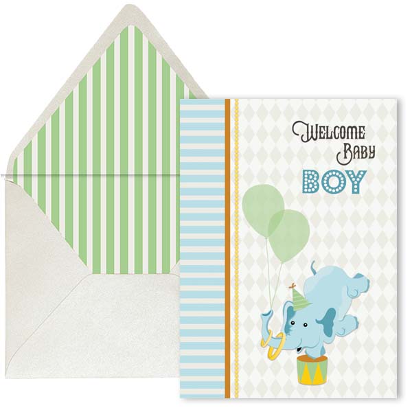 Vintage Circus Elephant Welcome Baby Card - Boy - ModLoungePaperCompany