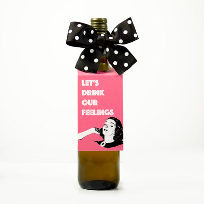 lets drink our feelings retro funny housewife wine tag with bow gift for breakup divorce or girls night out