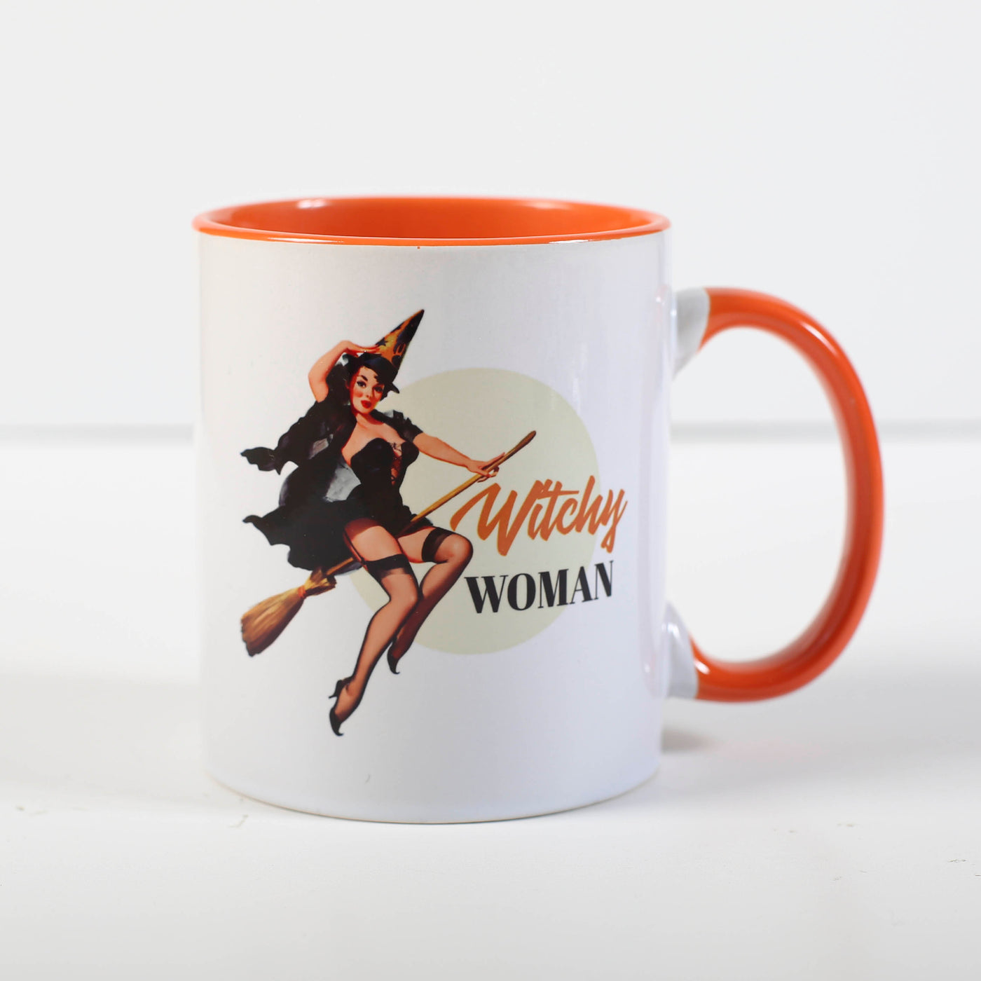 witchy woman vintage pinup witch coffee mug with orange inside and handle